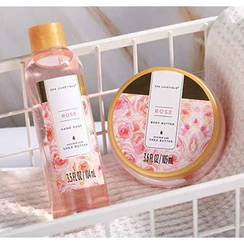 Spa Luxetique Gifts for Women - 10pc Rose Spa Basket, Deluxe Spa Tote Bag Bath Set with Wooden Handle, Bath Salt, Hand Soap, Body Butter, Christmas Gifts for Women