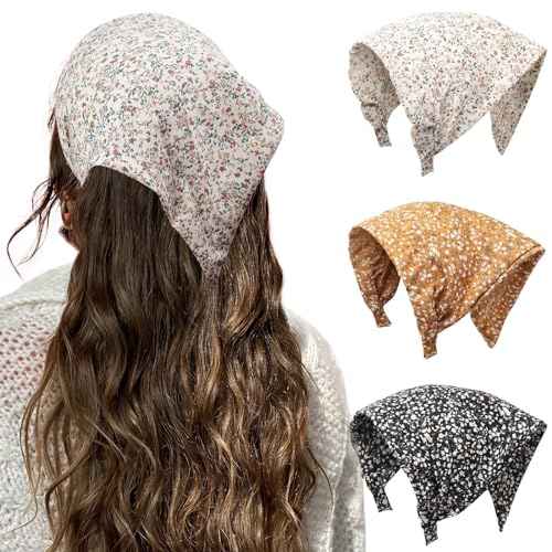 HAIMEIKANG Floral Hair Scarf Headbands for Women Boho Bandanas for Women Triangle Kerchief Solid Color Hair Bands Vintage Head Scarf (Beige+Yellow+Black)