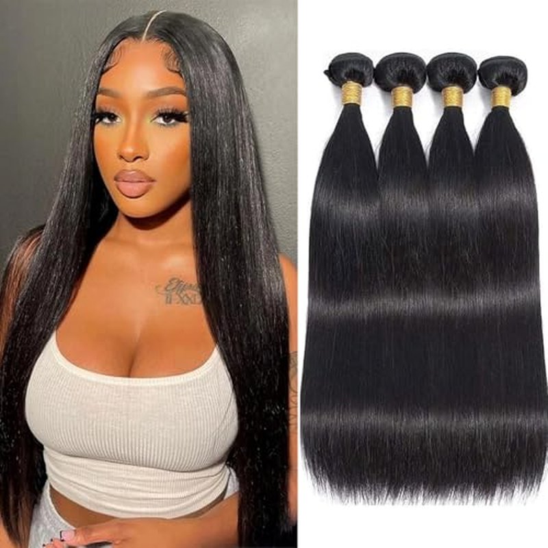 Straight Bundles Human Hair 18 20 22 24 Inch 100% Unprocessed Brazilian Virgin Hair 4 Bundles Human Hair Trippy Hair Weave Bundle Extension for Black Women Natural Color