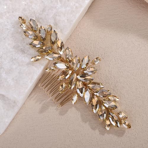 Teyglen Champagne Crystal Bridal Hair Comb Full Rhinestone Hair Piece Bride Wedding Hair Comb Sparkly Rhinestone Headpiece Party Prom Hair Accessories for Women (Champagne)