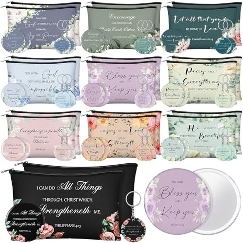 60 Pcs Christian Gifts for Women Religious Gifts Include 20 Canvas Makeup Bags 20 Bible Verse Mini Mirror 20 Inspirational Bible Keychains Church Favors for Women Mother Sister(Classic)