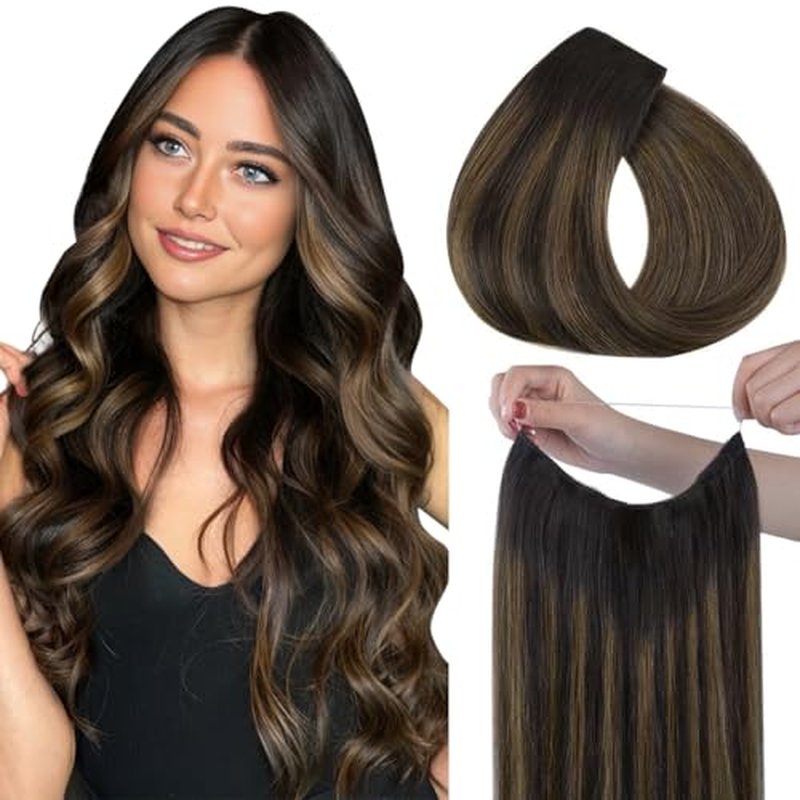 HOTBANANA Wire Hair Extensions, 20 inch 110g Dark Brown to Chestnut Brown Fish Line Real Human Hair Straight Invisible Wire Remy Hair Extensions