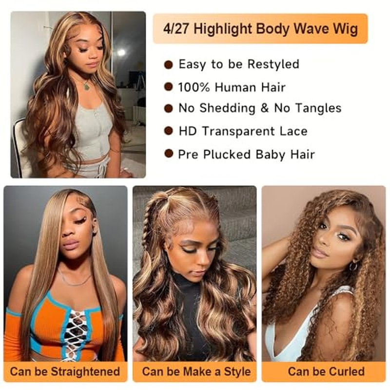 Highlight Ombre Lace Front Wig Human Hair 26In Honey Blonde Wig Human Hair Body Wave Lace Front Wigs Human Hair 180 Density Frontal Wigs Human Hair for Women 4/27 Colored Pre Plucked with Baby Hair