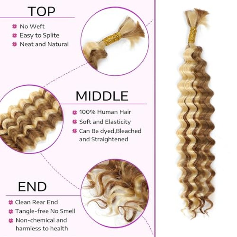 613 Human Braiding Hair Deep Curly P27/613 Highlight Human Braiding Hair 14 14 14 Inch Deep Wave Bulk Blonde Boho Braiding Hair Extensions