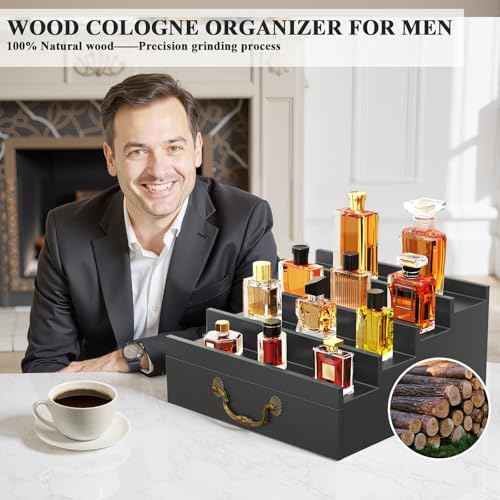 ONKO Cologne Stand for Men,Fragrance Display Stand for Men,Black Cologne Storage Shelf,4-Tier of Elevated Perfume Holder with Drawer,Wooden Fragrance and Watch Shelf Organizer,Room Decor Accessories