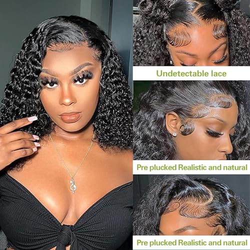 Water Wave Short Bob Wig Human Hair 13x4 Hd Lace Front Wigs Human Hair Pre Plucked 200% Density Deep Curly Lace Frontal for Black Women Glueless10INCH