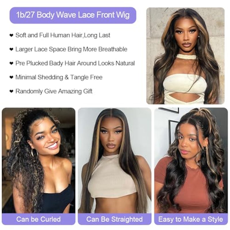13x6 Highlight Ombre Balayage Lace Front Wigs Human Hair 1b/27 Black and Blonde Lace Frontal Body Wave Wig Pre Plucked with Baby Hair for Black Women HD Transparent 180% Density Wig 18 Inch