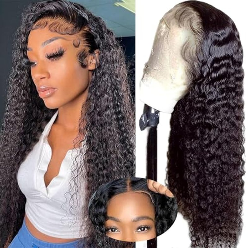 Wear and Go Glueless Wigs Human Hair Pre Plucked Pre Cut Deep Wave Lace Front Wig 4x4 Lace Closure Curly Human Hair Wig for Black Women 180% Density Curly Lace Front Wigs Glueless 24 Inch