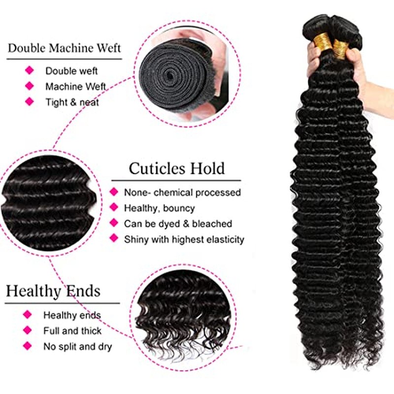 Deep Wave Bundles with Closure (12 14 16 18+10 Closure) Human Hair 4x4 Lace Closure with Baby Hair Pre Plucked Free Part Natural Color 4 Bundles and Closure 100% Unprocessed Brazilian Virgin Hair