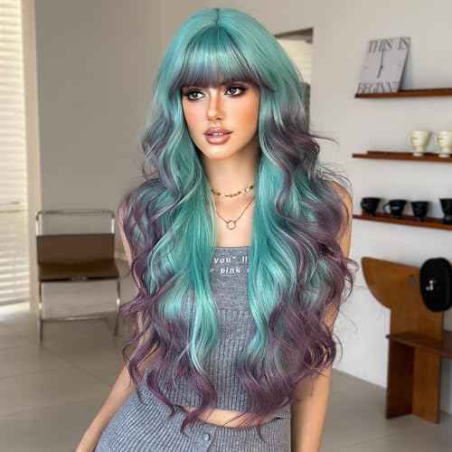 7JHH WIGS 31in Turquoise Long Wavy Bangs Purple Highlight Wigs Mixed Light Green Ombre Lavender Purple Heat Resistant Synthetic Fiber Women Wavy Curly Wigs for Christmas Daily Party Daily Used