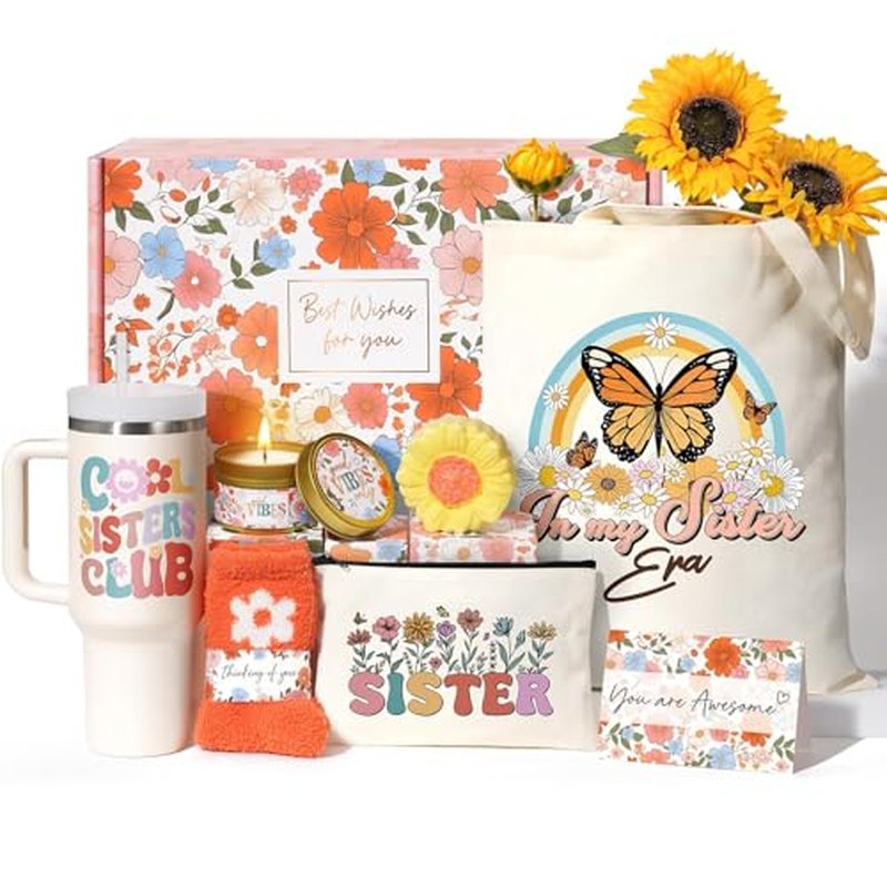 Sister Gifts from Sister, Birthday Christmas Gifts for Sisters, Little Big Sisters in Law Gift Thinking of You Gift from Brother, Cool Care Package with 40 OZ Tumbler Canvas Tote Bag Makeup Bag