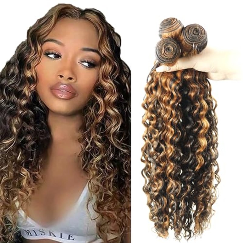 P1B/30 Human Hair Bundles Highlight Deep Wave Human Hair Bundles Brown Deep Wave Bundles Brazilian Unprocessed Virgin Hair 3 Bundles 26 28 30 Inch Two Tone Black Mixed With Brown Bundles