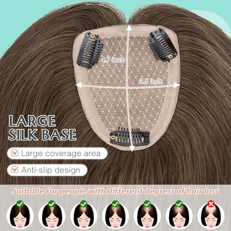 Benehair Human Hair Topper for Women - 9 * 12CM Silk Base, No Bangs, 150% Density, 100% Remy Hair Piece for Thinning Hair - Dark Brown, 12 Inch