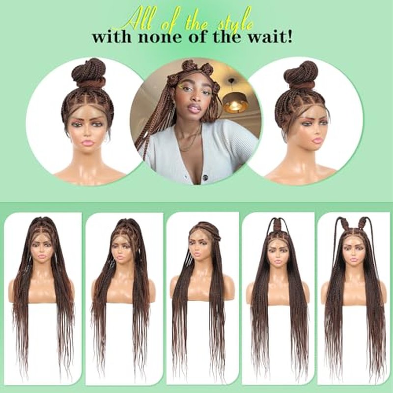 Youthfee 360¡Æ HD Full Lace Knotless Braided Wigs for Women Braided Lace Front Wigs with Baby Hair Premium Synthetic Brown Natural Looking Box Braid Wig 36 Inch