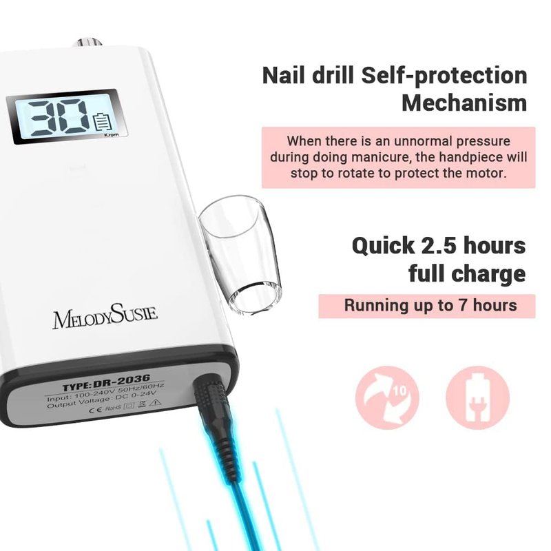MelodySusie Entry-Level Clip-On Rechargeable Nail Drill, SC320H 30000RPM Popular Classic E-File with LCD Display for Manicure Shaping & Gel Removal, Perfect for Training, Nail Art Practice & Home Use