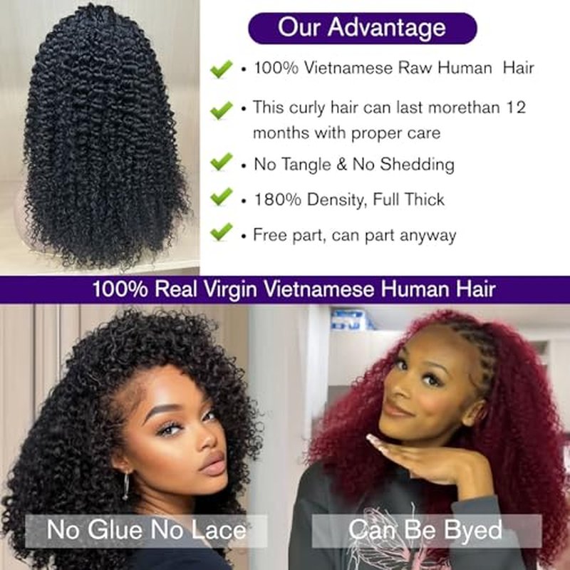 Curly Half Human Hair Wig 200% Density 20 Inch 3 In 1 Glueless Wear And Go Wigs Human Hair Seamless Flip Over With Update Drawstring Headband Seamless Clip Ins Kinky Curly Wigs For Black Women