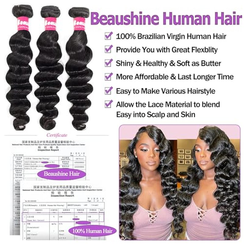 10A Human Hair Bundles with Closure Loose Deep Wave Quick Weave Hair-18 20 22+18inch, 100% Raw Brazilian Virgin Hair Loose Wave Lace Closure with 3 Bundles Pre plucked Natural Black Color
