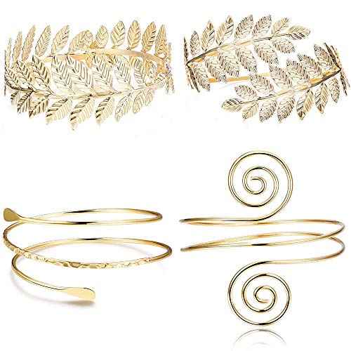 FUNRUN JEWELRY 4PCS Greek Goddess Headband Arm Cuff Bridal Jewelry Set Roman Laurel Leaf Branch Crown Armlet Upper Arm Band Bracelet for Women Party