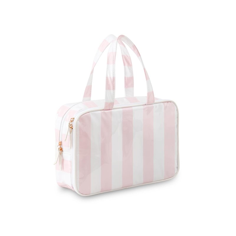 Travel Toiletry Bag for Women, Waterproof Clear Coated Portable Stripe Makeup Cosmetic Bag with Compartment, Travel Organizer for Shampoo, Conditioner, Brushes Set,Cosmetic Accessories(White-Pink)