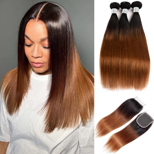 12A Brazilian Ombre Straight Human Hair Bundles with 4x4 Lace Closure 2 Tone T1B/30 Black to Brown 100% Unprocessed Virgin Remy Hair,Free Part (16 18 20+16)