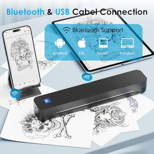 Wireless Tattoo Stencil Printer ? Bluetooth Thermal Tattoo Printer Machine with 10 Transfer Papers, Portable Tattoo Kit for Artists, Compatible with Smartphone & PC, Black