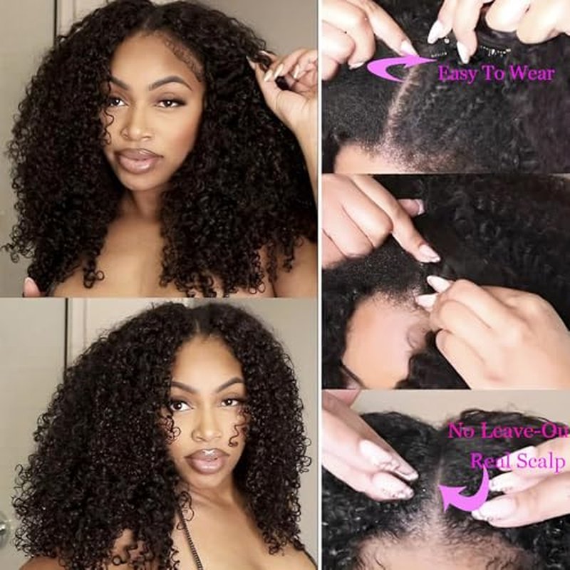 V Part Wig Human Hair for Women Burmese Spiral Curly Glueless Clip-In Wig 200% Density No Leave Out No Gel No Lace V Shape Clip Beginner Ready to Go Wig Natural Black Color 16 Inch