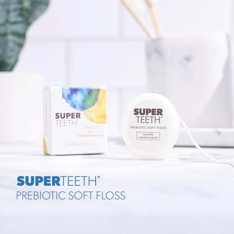 SuperTeeth Prebiotic Soft Floss with Hydroxyapatite and Xylitol, Expanding Dental Floss for Adults & Kids, Helps Sensitive Gums, Strengthen Enamel, Natural Plaque Remover, Fluoride & PFA-Free, Vanilla