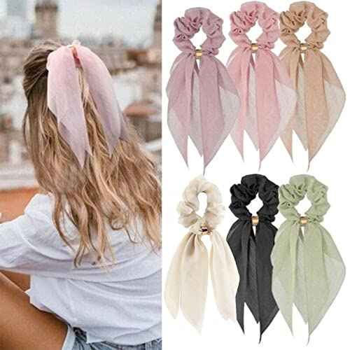 6 Pcs Scrunchies and Hair Accessories: Chiffon Floral Bowknot Ponytail Holders, Soft Elastic Hair Ribbons and Bunny Ear Ties for Women and Girls
