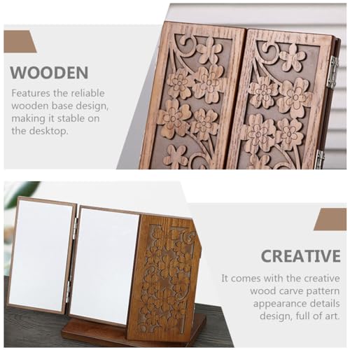 1pc Wood Dressing Table Mirror Wooden Three Mirrors Indoor Desktop Make up Vanity Carved Vanity Makeup Standing Desk Makeup