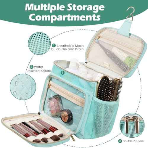Travel Toiletry Bag for Women, Water Resistant Portable Hanging Toiletry Bags for Traveling, College Dorm, Bathroom, Gym, Shower Caddy, Organizer for Full Sized Bottles, Toiletries (Green)