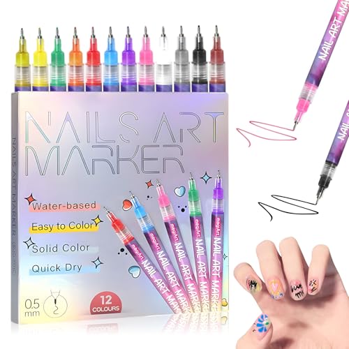 12 Colors Nail Art Pens Set, 3D Quick-Dry 0.5MM Nail Polish Pens, 2025 DIY Nail Art Marker Graffiti Dotting Pen for Nails Art Design Manicure Nail DIY Decoration