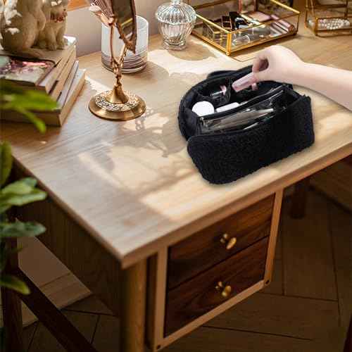 Makeup Bag - Large Capacity Travel Cosmetic Bag, Travel Toiletry Bag Cute Plush Makeup Pouch with Handle and Divider Flat Lay Portable Makeup Case Organizer for Women (Black)