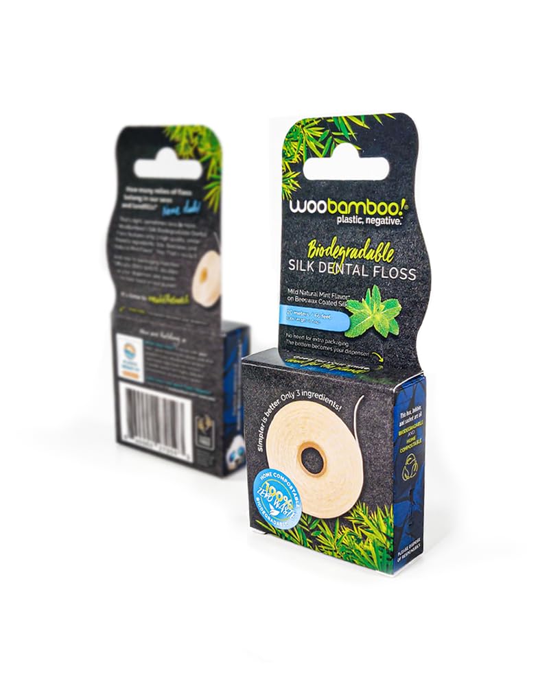 WooBamboo! All Natural Silk Dental Floss, Zero Waste, 66 feet of Mint-Flavored Floss (Pack of 4)