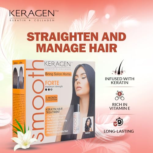 Keragen Brazilian Keratin Hair Smoothing Treatment - Express Home Blowout Kit - Straightens & Smooths Frizz - With 2 Oz Forte Treatment, Clarifying Shampoo & Aftercare Samples
