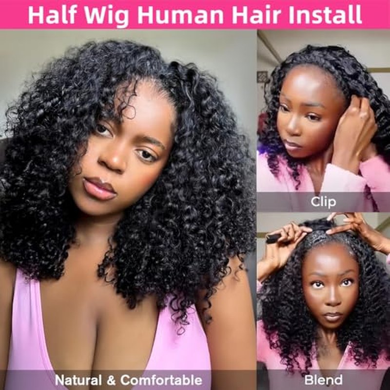 Curly Half Wig Human Hair 200% Density Seamless Flip Over Wig Wear and Go Glueless Drawstring Wig Human Hair for Women 3 In 1 Deep Curly Headband Wig Beginner Friendly 22 Inch