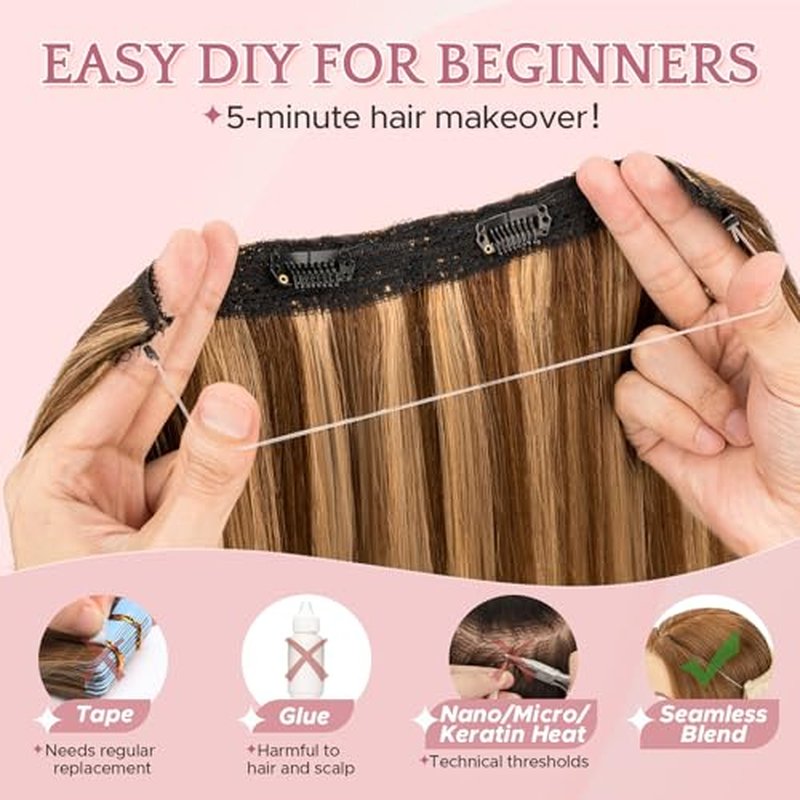 SEGO Invisible Wire Hair Extensions, Real Human Halo Hair Adjustable Wire Extensions, 2 Clips for Women Transparent Fish Line Extensions, Add Length, 18 inches, Medium Brown Mixed Dark Blonde, 65g