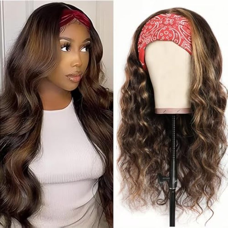 Ombre Headband Wig Human Hair #4/27 Highlight Body Wave Headband Wig Glueless None Lace Front Wig Brazilian Virgin Human Hair Wigs for Black Women Wear andGo Wig 180% Density 22 inch