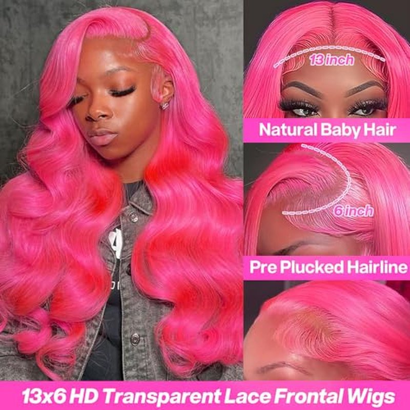 Pink Lace Front Wig Human Hair 13x6 Body Wave HD Lace Front Wigs Human Hair Pre Plucked 200 Density Pink Colored Glueless Wigs for Women with Baby Hair 22 Inch