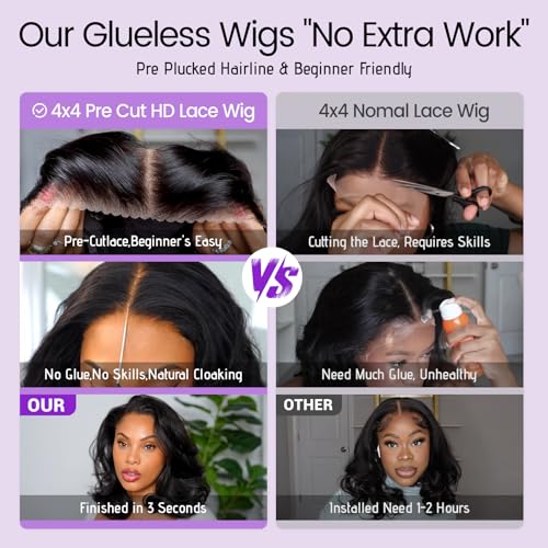 Wear and Go Glueless Wigs Pre Plucked Pre Cut 4x4 Body Wave Bob Wig Human Hair wigs for black women Short Bob Wig Human Hair 180 dentisty natrual color 14inch