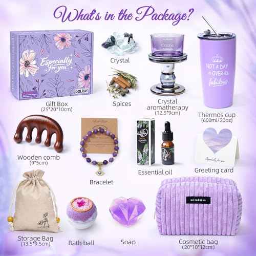 Golray Lavender Gifts for Women Friendship Gift Basket, Purple Dream Healing Fireless Aromatherapy/Thermos Set, 30th 40th 50th Women Self Care Spa Birthday Christmas Gifts for Her Sister Mom