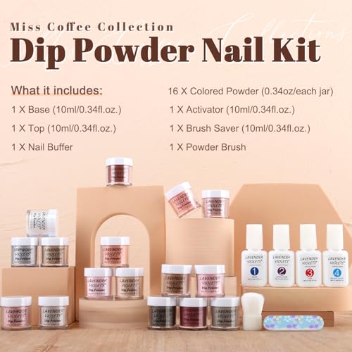 Lavender Violets 22 Pcs Dip Powder Nail Kit Starter - 16 Colors Nude Pinkish Brown Skin Tone with Base Top Coat, Activator, Brush Saver, Nail Buffer and Powder Brush M960B