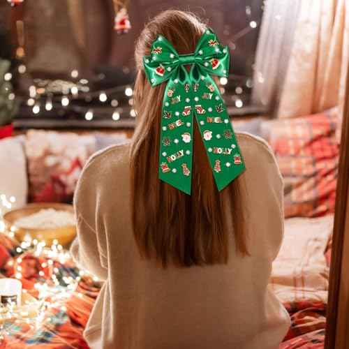 Christmas Hair Bow Clip Christmas Snowflake Tree Reindeer Santa Claus Crystal Embellished Hair Bow Barrettes Xmas Winter Holiday Big Bow Hairpin Accessories Gift (green Christmas bow)