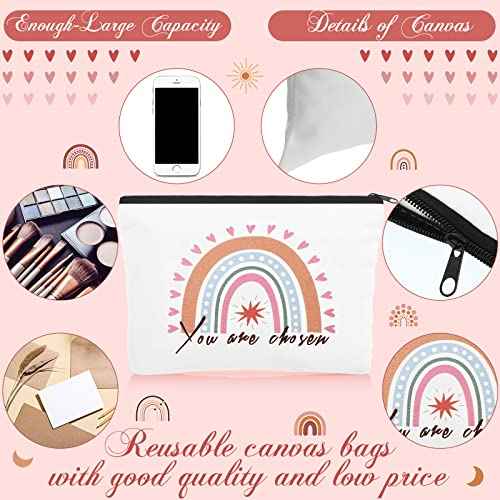 Pinkunn Christmas Rainbow Canvas Cosmetic Bag Bulk with Inspirational Quote Keychains Set 16 Pcs Cosmetic Bags 16 Pcs Keychains You are Amazing Beautiful Kind Travel Pouch Zipper