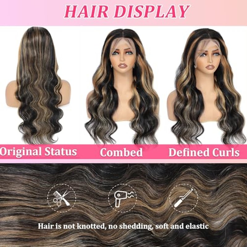 Juvid 13x6 Balayage Wig Human Hair Body Wave HD Transparent Lace Front Glueless Wigs Pre Plueked FB/27 Highlight Ombre Honey Blond Wig 200% Density Colored Lace Frontal Human Hair Wigs 20inch