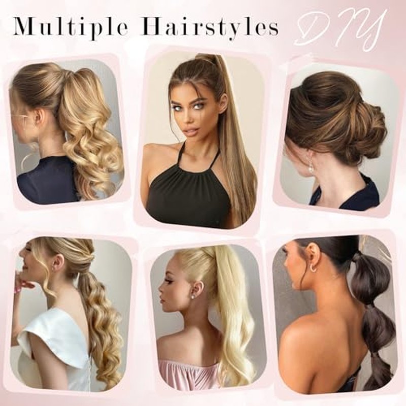 Ponytail Extensions Human Hair Long Ponytail Hair Extensions with Magic Paste Wrap Around Clip in Ponytail Extensions Real Human Hair,18inch #12P613 Golden Brown mixed Bleach Blonde,90g