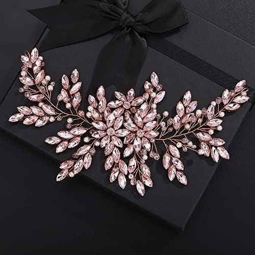 Teyglen Pink Rhinestones Pearls Crystals Large Headband Hair Vine Handmade Bridal Flower Headband Wedding Hair Accessories for Brides Hair Pieces Rose Gold Flower Girl Headpieces for Women