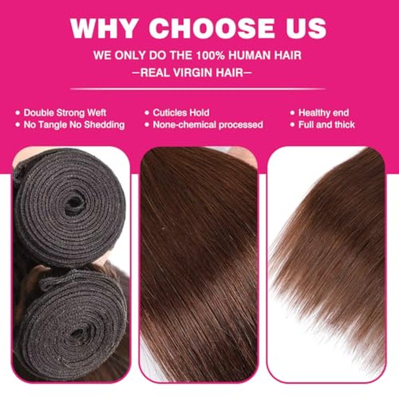 Younsolo Brown Bundles Human Hair Straight 3 Bundles 100% Unprocessed Brazilian Bundles Human Hair 12A Chocolate Brown Straight Bundles Hair Extensions 4# Color 18 20 22 Inch