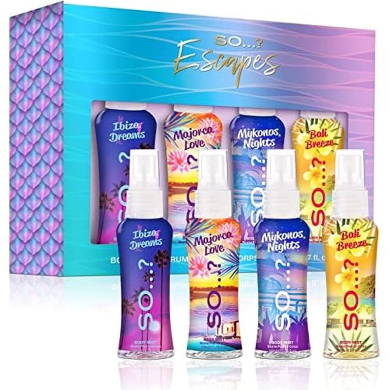 So...? Escapes Body Mist Set - Perfumes for Women - Everyday Body Spray for Women - Vegan, Cruelty Free Fragrances - Travel Size Gift Set - 4 pcs