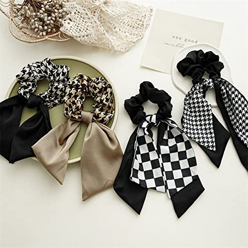 4PCS Short Hair Scarf with Ribbon Bow Scrunchies, Plaid Hair Ties, Chiffon Bowknot Hair Scrunchies for Women
