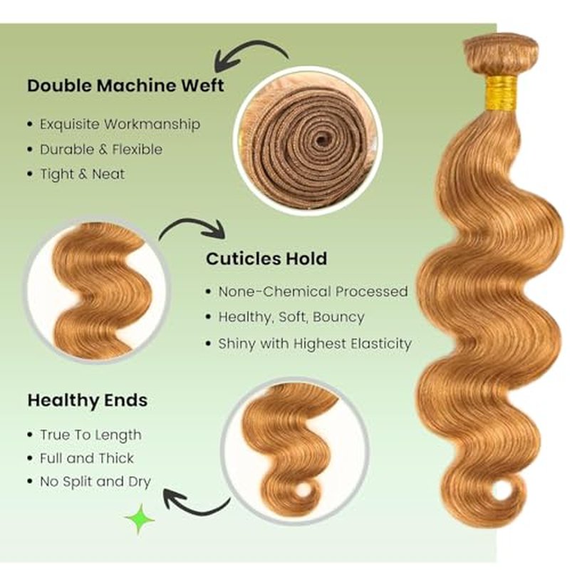 ALHER Honey Blonde Body Wave 3 Bundles Human Hair, 12A Color #27 Sun-kissed Vibe Golden Blonde Colored Human Hair Bundles Sew In Weave Wavy 100% Unprocessed Virgin Remy Hair 10 12 14 In